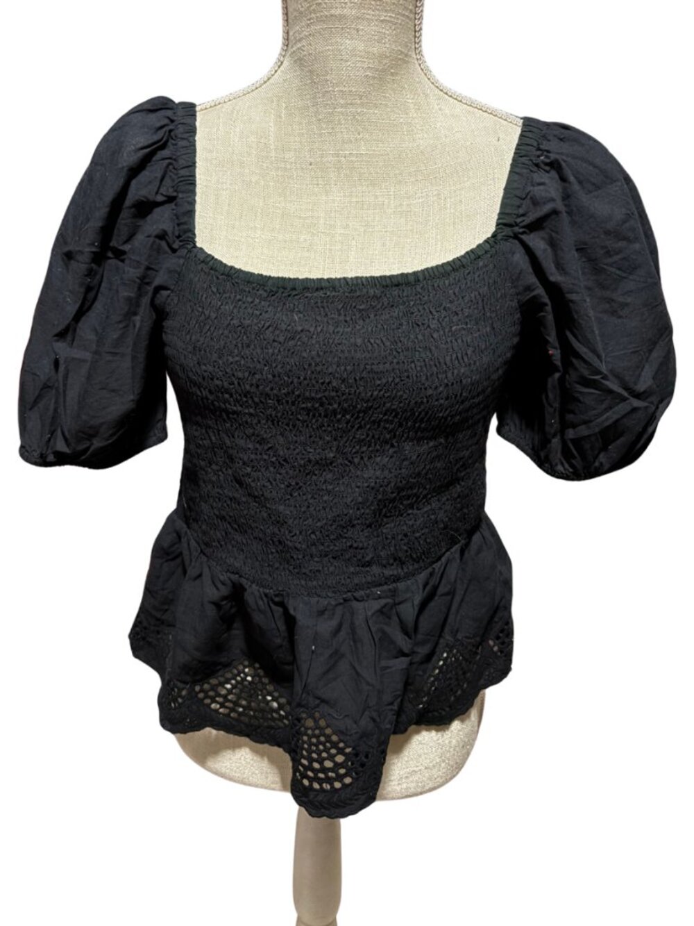 Smocked Peplum Top Black Puff Sleeve Cottagecore Boho Babydoll Renaissance M